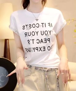 2025 Summer Handmade Sequin Floral Waist-Defining Slim Fit Short Sleeve T-Shirt Top for Trendy Y2K Style