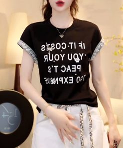 2025 Summer Handmade Sequin Floral Waist-Defining Slim Fit Short Sleeve T-Shirt Top for Trendy Y2K Style