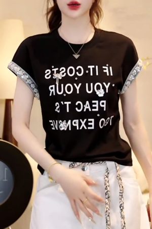 2025 Summer Handmade Sequin Floral Waist-Defining Slim Fit Short Sleeve T-Shirt Top for Trendy Y2K Style