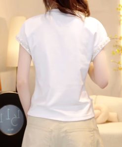 2025 Summer Handmade Sequin Floral Waist-Defining Slim Fit Short Sleeve T-Shirt Top for Trendy Y2K Style