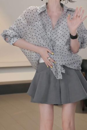 2025 Summer High-End Polka Dot Casual Sun-Proof Ruffle A-Line Skirt and Shirt Set - Versatile Y2K Style
