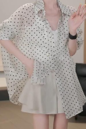2025 Summer High-End Polka Dot Casual Sun-Proof Ruffle A-Line Skirt and Shirt Set - Versatile Y2K Style