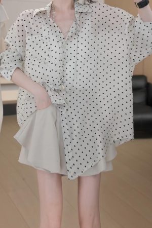 2025 Summer High-End Polka Dot Casual Sun-Proof Ruffle A-Line Skirt and Shirt Set - Versatile Y2K Style