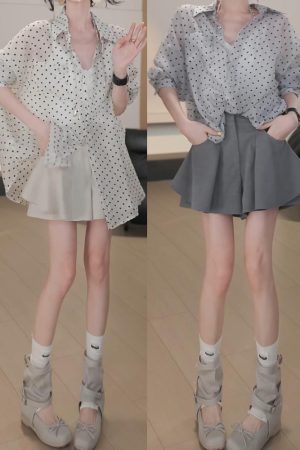 2025 Summer High-End Polka Dot Casual Sun-Proof Ruffle A-Line Skirt and Shirt Set - Versatile Y2K Style