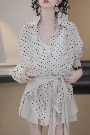 2025 Summer High-End Polka Dot Casual Sun-Proof Ruffle A-Line Skirt Set - Versatile Fashion for Stylish Outings