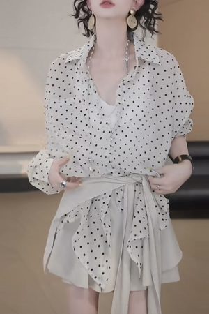 2025 Summer High-End Polka Dot Casual Sun-Proof Ruffle A-Line Skirt Set - Versatile Fashion for Stylish Outings