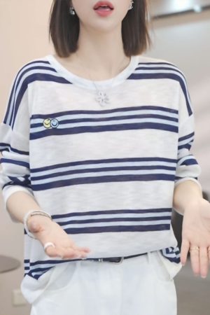 2025 Summer Ice Silk Knitted Long Sleeve T-Shirt - Casual Slimming Youthful Fashion Top