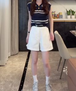 2025 Summer Ice Silk Sleeveless Polo Collar Top with High-Waisted Loose A-Line Shorts - Casual Chic Outfit