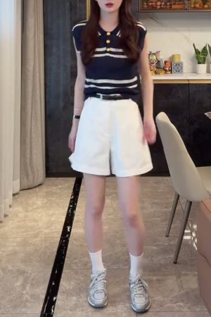 2025 Summer Ice Silk Sleeveless Polo Collar Top with High-Waisted Loose A-Line Shorts - Casual Chic Outfit