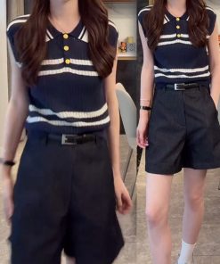 2025 Summer Ice Silk Sleeveless Polo Collar Top with High-Waisted Loose A-Line Shorts - Casual Chic Outfit