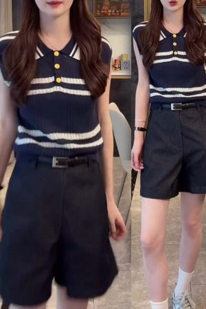 2025 Summer Ice Silk Sleeveless Polo Collar Top with High-Waisted Loose A-Line Shorts - Casual Chic Outfit