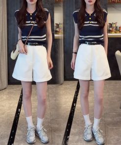 2025 Summer Ice Silk Sleeveless Polo Collar Top with High-Waisted Loose A-Line Shorts - Casual Chic Outfit
