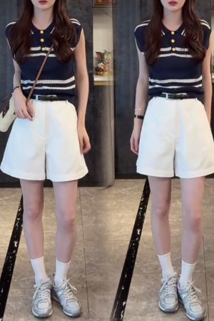 2025 Summer Ice Silk Sleeveless Polo Collar Top with High-Waisted Loose A-Line Shorts - Casual Chic Outfit