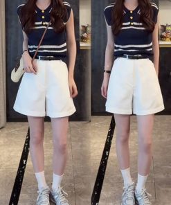 2025 Summer Ice Silk Sleeveless Polo Collar Top with High-Waisted Loose A-Line Shorts - Casual Chic Outfit