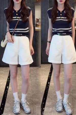 2025 Summer Ice Silk Sleeveless Polo Collar Top with High-Waisted Loose A-Line Shorts - Casual Chic Outfit