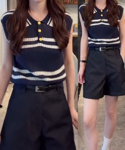 2025 Summer Ice Silk Sleeveless Polo Collar Top with High-Waisted Loose A-Line Shorts - Casual Chic Outfit