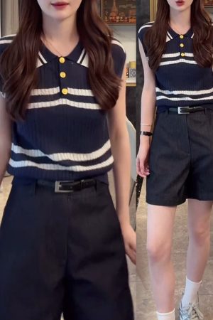 2025 Summer Ice Silk Sleeveless Polo Collar Top with High-Waisted Loose A-Line Shorts - Casual Chic Outfit