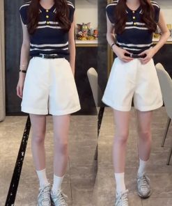 2025 Summer Ice Silk Sleeveless Polo Collar Top with High-Waisted Loose A-Line Shorts - Casual Chic Outfit