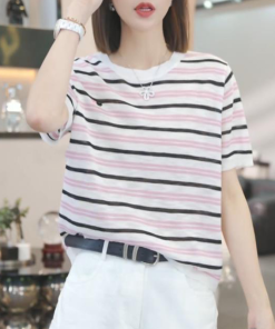 2025 Summer Korean Style Loose Color Block Striped T-Shirt for Women - Casual 90s Fashion Top