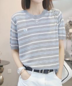 2025 Summer Korean Style Loose Color Block Striped T-Shirt for Women - Casual 90s Fashion Top