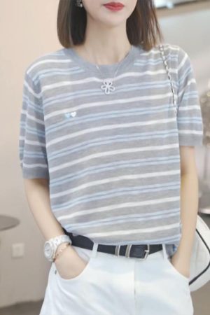2025 Summer Korean Style Loose Color Block Striped T-Shirt for Women - Casual 90s Fashion Top