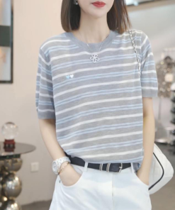 2025 Summer Korean Style Loose Color Block Striped T-Shirt for Women - Casual 90s Fashion Top