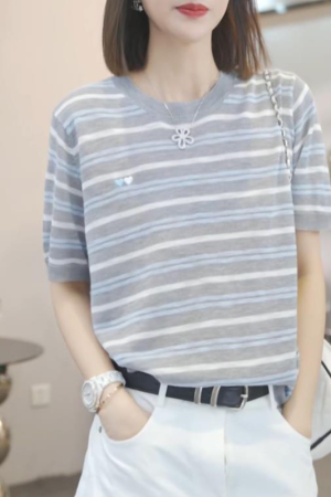 2025 Summer Korean Style Loose Color Block Striped T-Shirt for Women - Casual 90s Fashion Top