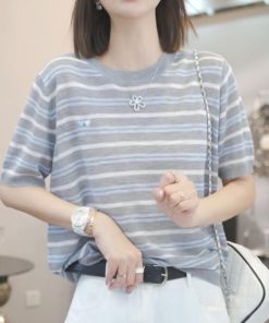 2025 Summer Korean Style Loose Color Block Striped T-Shirt for Women - Casual 90s Fashion Top