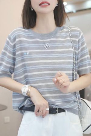 2025 Summer Korean Style Loose Color Block Striped T-Shirt for Women - Casual 90s Fashion Top