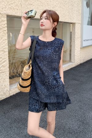 2025 Summer Korean Style Printed Sleeveless Vest and Wide-Leg Shorts Two-Piece Set for Women - Commuter Fashion Essential