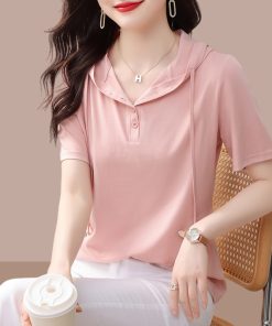 2025 Summer Pure Cotton Hooded Short Sleeve T-Shirt for Women, Stylish Casual Plus Size Top, Comfortable and Trendy Belly Coverage