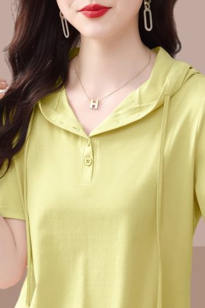 2025 Summer Pure Cotton Hooded Short Sleeve T-Shirt for Women, Stylish Casual Plus Size Top, Comfortable and Trendy Belly Coverage