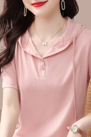 2025 Summer Pure Cotton Hooded Short Sleeve T-Shirt for Women, Stylish Casual Plus Size Top, Comfortable and Trendy Belly Coverage