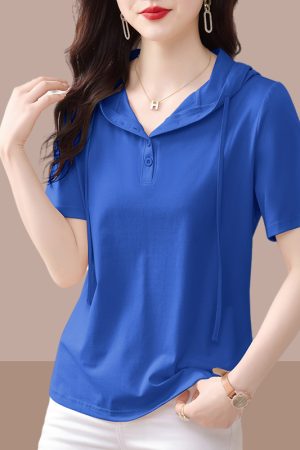 2025 Summer Pure Cotton Hooded Short Sleeve T-Shirt for Women, Stylish Casual Plus Size Top, Comfortable and Trendy Belly Coverage