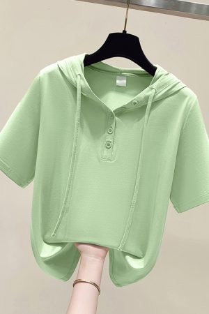 2025 Summer Pure Cotton Hooded Short Sleeve T-Shirt for Women, Stylish Casual Plus Size Top, Comfortable and Trendy Belly Coverage