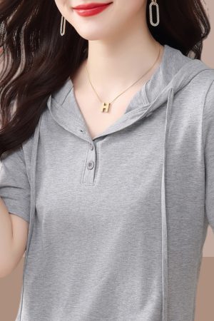2025 Summer Pure Cotton Hooded Short Sleeve T-Shirt for Women, Stylish Casual Plus Size Top, Comfortable and Trendy Belly Coverage