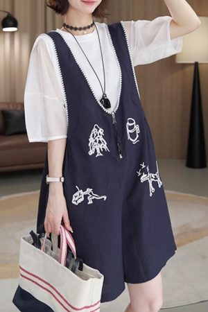 2025 Summer Short Sleeve Embroidered Top & Suspender Pants Set for Petite Women - Korean Style Two-Piece Trendy Outfit