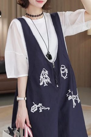 2025 Summer Short Sleeve Embroidered Top & Suspender Pants Set for Petite Women - Korean Style Two-Piece Trendy Outfit