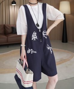 2025 Summer Short Sleeve Embroidered Top & Suspender Pants Set for Petite Women - Korean Style Two-Piece Trendy Outfit