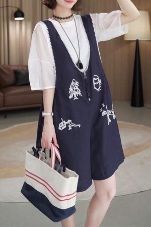 2025 Summer Short Sleeve Embroidered Top & Suspender Pants Set for Petite Women - Korean Style Two-Piece Trendy Outfit