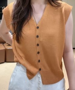 2025 Summer Simple Solid Color V-Neck Knitted Short Sleeve Women's Versatile Top - Ideal for Casual and Y2K Style