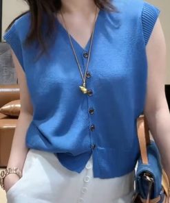 2025 Summer Simple Solid Color V-Neck Knitted Short Sleeve Women's Versatile Top - Ideal for Casual and Y2K Style