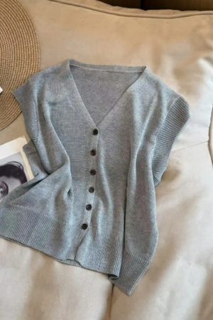 2025 Summer Simple Solid Color V-Neck Knitted Short Sleeve Women's Versatile Top - Ideal for Casual and Y2K Style
