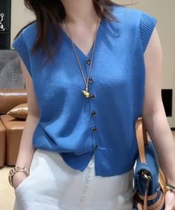 2025 Summer Simple Solid Color V-Neck Knitted Short Sleeve Women's Versatile Top - Ideal for Casual and Y2K Style