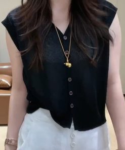 2025 Summer Simple Solid Color V-Neck Knitted Short Sleeve Women's Versatile Top - Ideal for Casual and Y2K Style