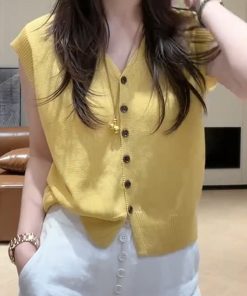 2025 Summer Simple Solid Color V-Neck Knitted Short Sleeve Women's Versatile Top - Ideal for Casual and Y2K Style