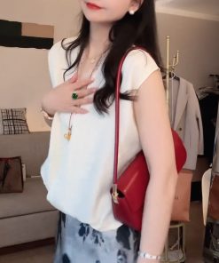 2025 Summer Solid Color V-Neck Lace Splicing Sleeveless T-Shirt for Girls - Trendy Age-Reducing Fashion Top