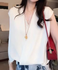 2025 Summer Solid Color V-Neck Lace Splicing Sleeveless T-Shirt for Girls - Trendy Age-Reducing Fashion Top