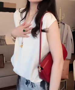 2025 Summer Solid Color V-Neck Lace Splicing Sleeveless T-Shirt for Girls - Trendy Age-Reducing Fashion Top