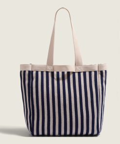 2025 Summer Striped Canvas Tote Bag for Women - Large Capacity Shoulder Handbag for Students and Commuters